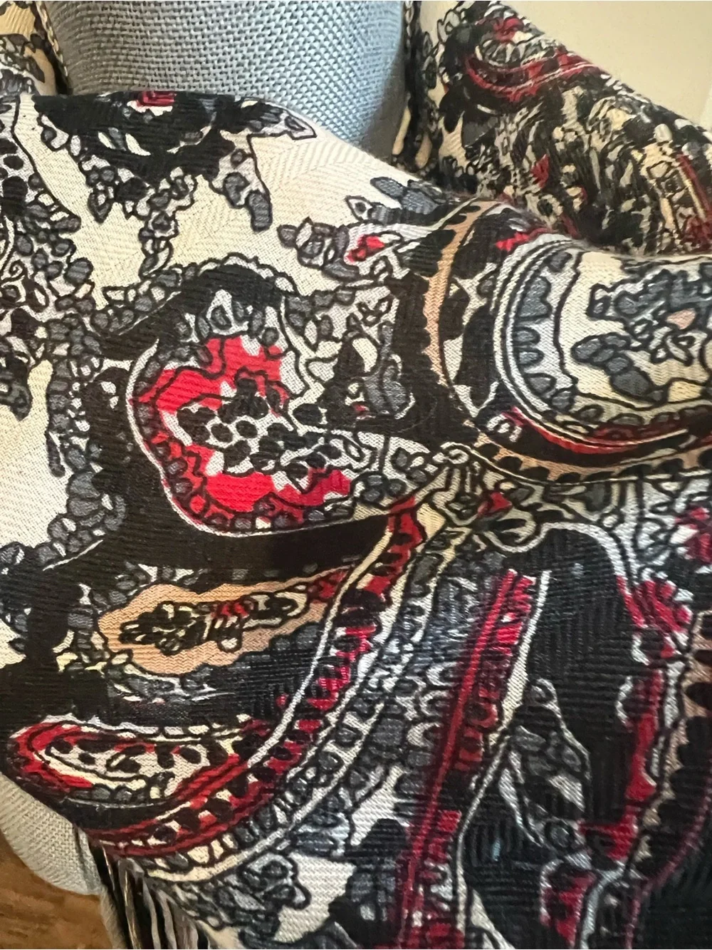 Free People Chase Me Chain Bandana in Black, White & Red Fringed Paisley